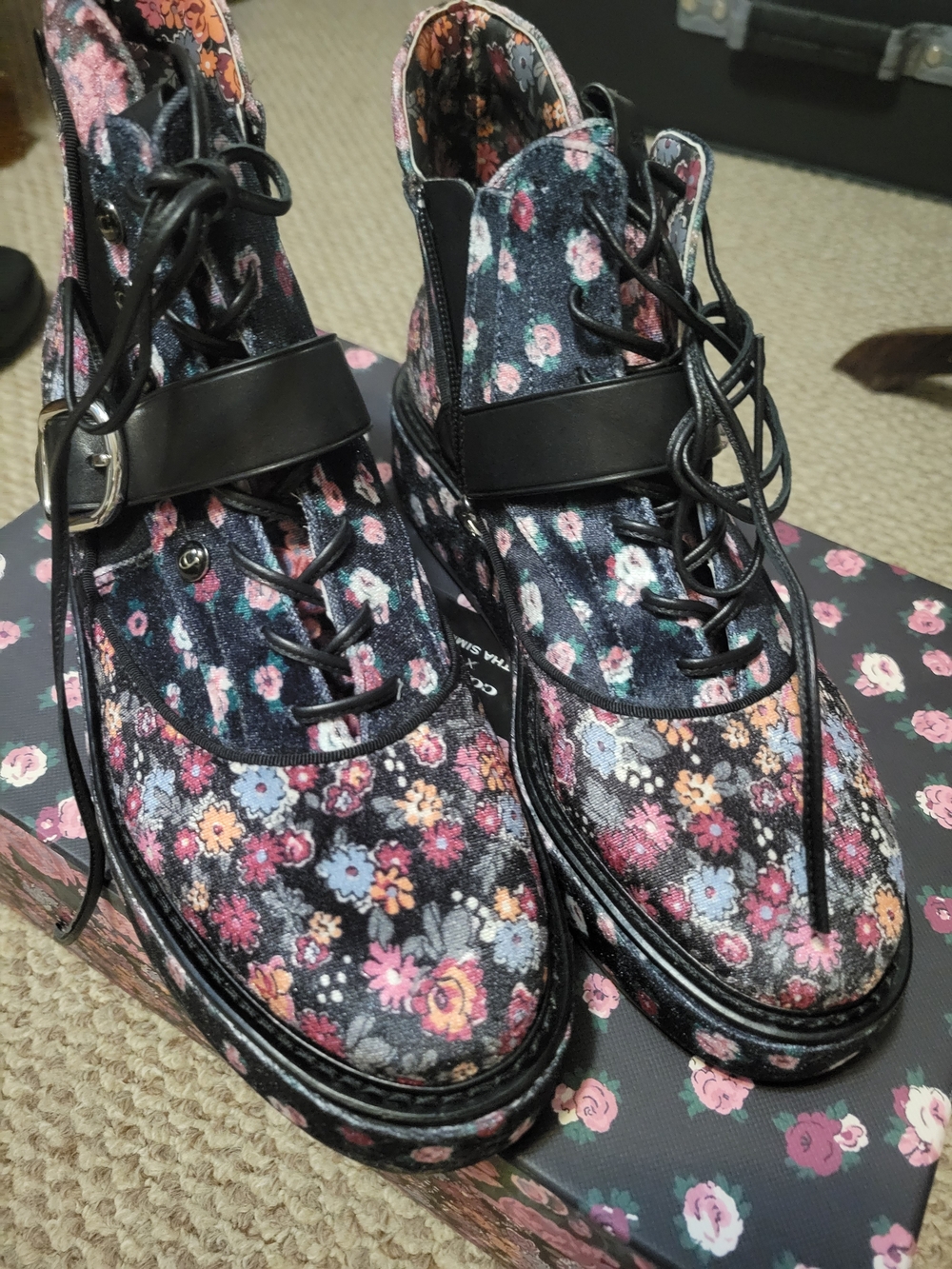 Coach Floral Lace-Up Ankle Boots in Black with Pink & Multicolor Floral Print - Picture 3 of 9